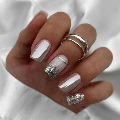 24Pcs Press on Fake Nails Short Medium French Acrylic Full Cover False Nail With Glue Kit Mini File Manicure for Women and Girls
