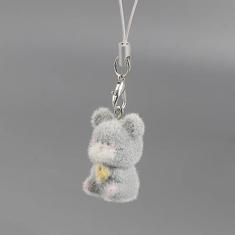 Cute Plush 3D Cat Keychain Creative Flocking Animal Pendant Bag Phone Lanyard Hanging Keycord Charm Keychain DIY Accessories