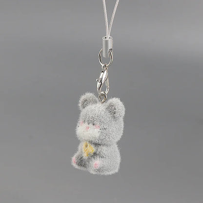 Cute Plush 3D Cat Keychain Creative Flocking Animal Pendant Bag Phone Lanyard Hanging Keycord Charm Keychain DIY Accessories