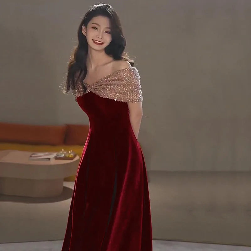 DongCMY Vestidos De Novia-f-Spring Burgundy One-shoulder Evening Gown For Women Wedding Dress Elegant And Pretty Dresses