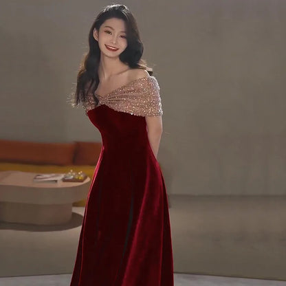 DongCMY Vestidos De Novia-f-Spring Burgundy One-shoulder Evening Gown For Women Wedding Dress Elegant And Pretty Dresses