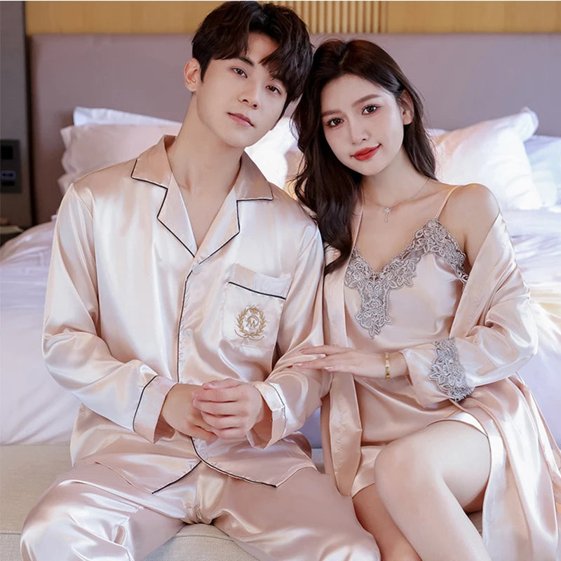 Couple Pajamas Set Women Silk Sexy Nightdress Nightgown Two-Pieces Summer Men's Long-Sleeved Long Pant Home Wear Bridesmaid Robe