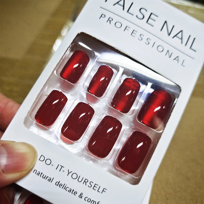 96/48/24PCS Sexy Red Cateye Press On Nails Medium Square Glossy Full Cover Detachable False Nails For Girl Valentine Girls' Gift