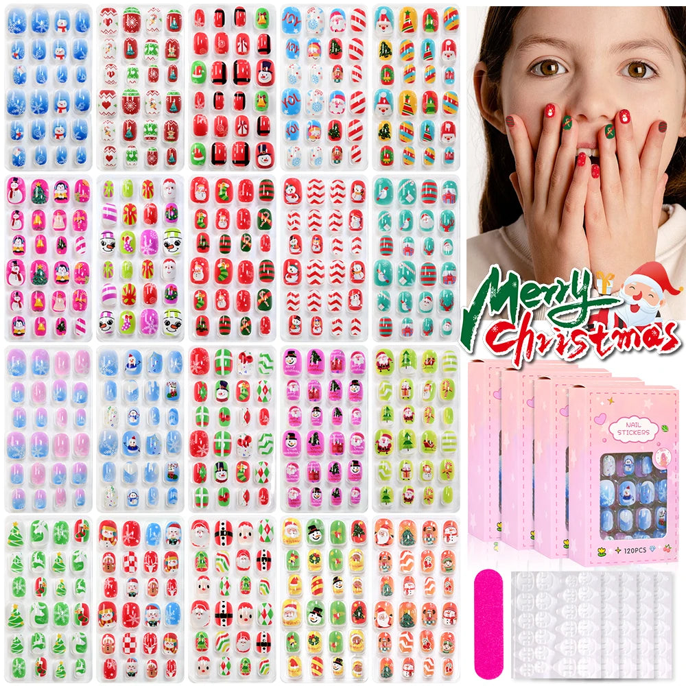 120pc/Box Kid's Christmas Press On Nails Kawaii Cartoon Santa Snowman Xmas Tree Full Cover Acrylic False Nail Kid Christmas gift
