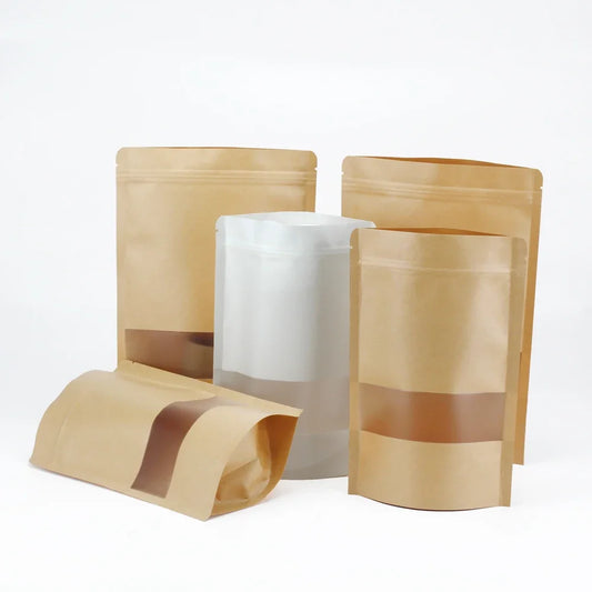 20/50pcs Kraft Paper Zip Lock Bags with Clear Window Reusable Packing Stand Up Gift Dried Food Fruit Tea Self Sealing Pouches