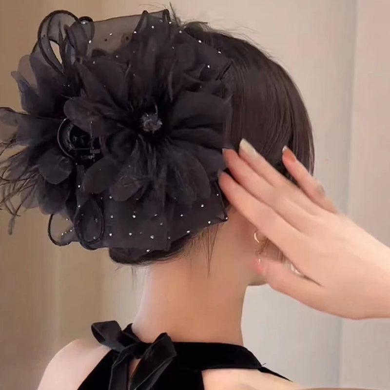 1PC 11/13cm Mesh Lace Black Feather Ribbon Bow Hair Claws Hairpin Big Ponytail Holder Hair Clips Hair Accessories For Women