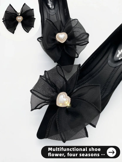 1 pair of new bride shoes white big bow women's shoe buckle DIY detachable daily all matching slimming satin shoes flower shoe c