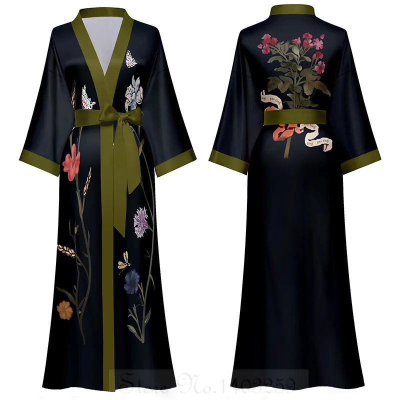Elegant Print Flower Women Long Robe Loungewear Silky Satin Kimono Bathrobe Gown Spring Autumn New Sleepwear Home Dress Negligee
