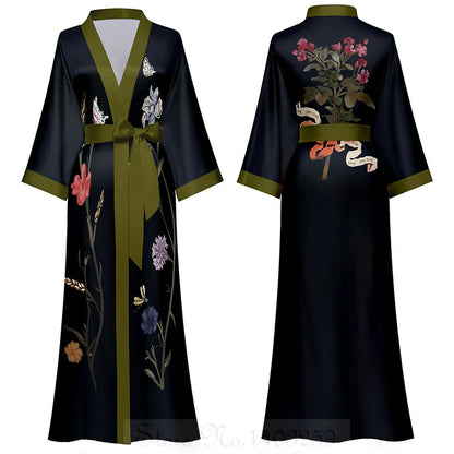 Elegant Print Flower Women Long Robe Loungewear Silky Satin Kimono Bathrobe Gown Spring Autumn New Sleepwear Home Dress Negligee