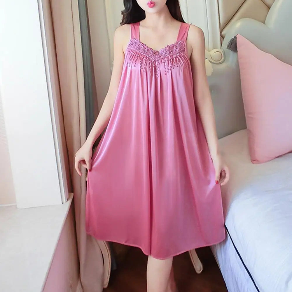 Lady Pajamas Solid Color Smooth Lace Patchwork Night Dress Comfortable Ventilate Casual Fashion Summer Women Night Gown Nightie