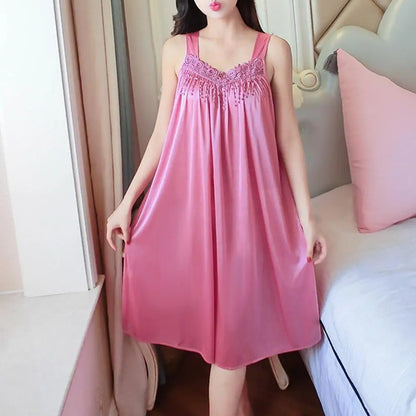 Lady Pajamas Solid Color Smooth Lace Patchwork Night Dress Comfortable Ventilate Casual Fashion Summer Women Night Gown Nightie