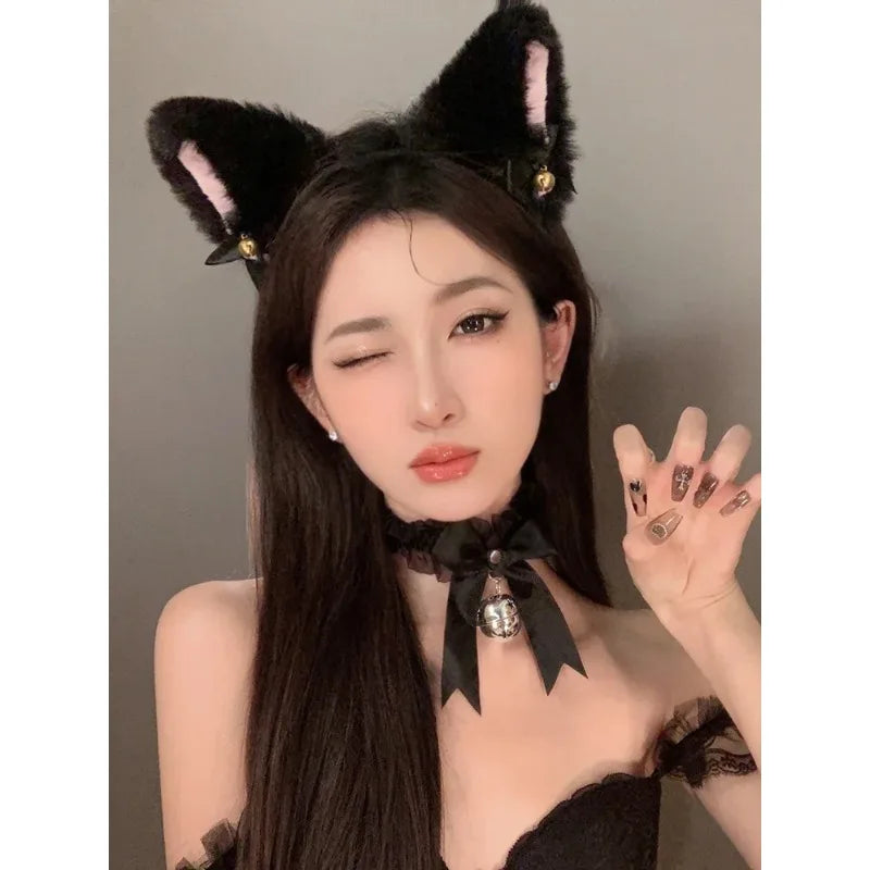 Sexy Cat Ear Bow Headband Necklace Plush Bell Hairband Girl Hairhoop Headwear Costume Accessory for Cosplay Masquerade
