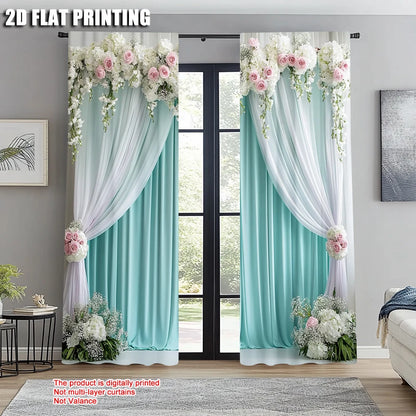 2pcs, Light Filtering Curtains 2D print Elegant Green and White Curtain Fabric (without rod) Thermal Insulation, and Room