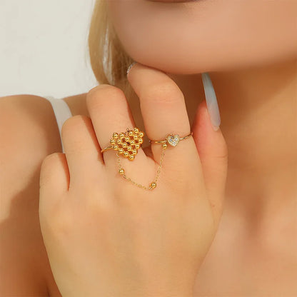 Letdiffery New Double-Finger Flower Rings for Women Stainless Steel Heart Butterly Zircon Charm Adjustable Open Rings Jewelry