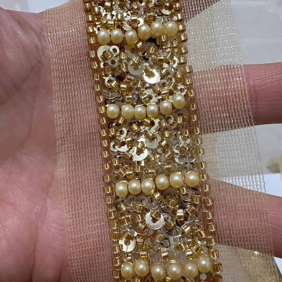 90cm Pearl Beaded Lace Trim Ribbon Garment Decoration Applique Trimming Gold Sequin Tape DIY Sewing Fabric Material Accessories