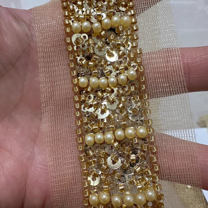 90cm Pearl Beaded Lace Trim Ribbon Garment Decoration Applique Trimming Gold Sequin Tape DIY Sewing Fabric Material Accessories