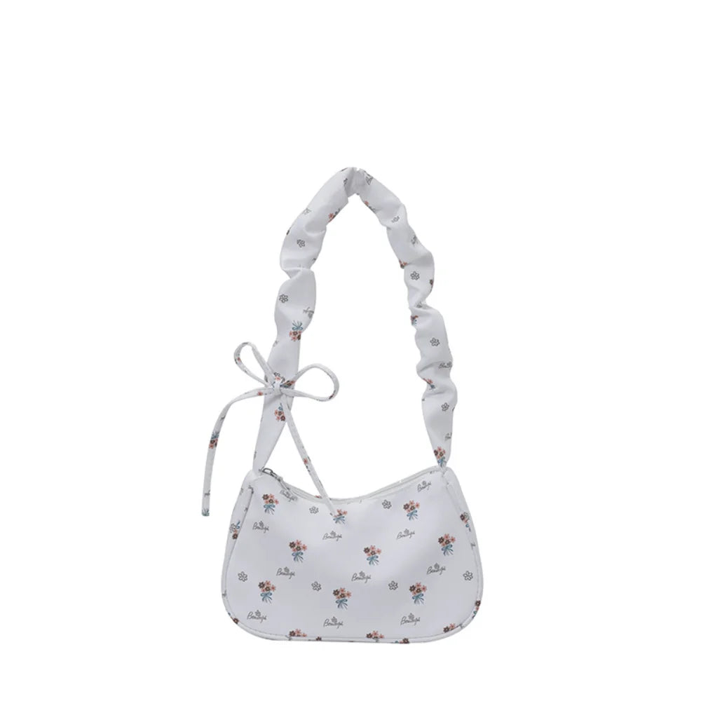 Women Small Underarm Bag Y2K Sweet Printed Zipper Tote Pleated Strap Handbag Half Moon Design Versatile Ladies Shoulder Bags