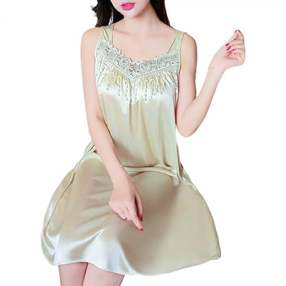 Lady Pajamas Solid Color Smooth Lace Patchwork Night Dress Comfortable Ventilate Casual Fashion Summer Women Night Gown Nightie