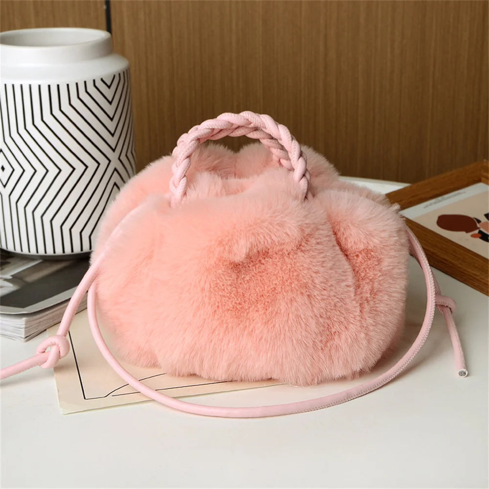 Autumn Winter Fashion Cute Tote Bags Women's Crossbody Pumpkin Plush Bag Solid Color Handbag Travel Shoulder Bags