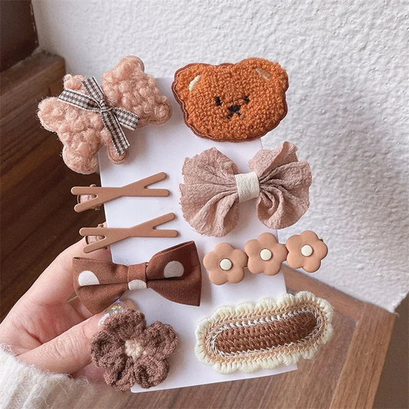 9PCS/set Infant Girls Hair Clips Cartoon Bear Bowknot Barrettes Birthday Gifts Hairpin Headdress Kids Barretees Hair Accessories