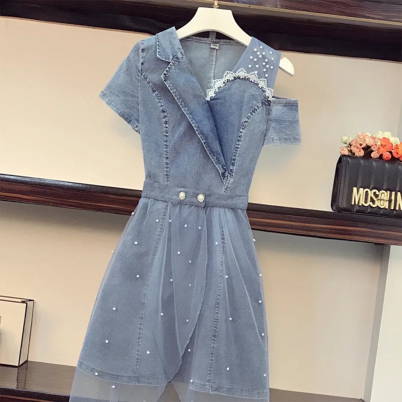 Fashionable Denim Two-Piece Set Women's Shoulder Bared Dress Design Sensation Summer Slimming Goddess Style Skirt Trendy