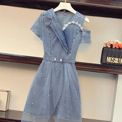 Fashionable Denim Two-Piece Set Women's Shoulder Bared Dress Design Sensation Summer Slimming Goddess Style Skirt Trendy