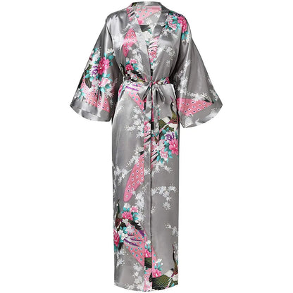 Elegant Print Flower Women Long Robe Loungewear Silky Satin Kimono Bathrobe Gown Spring Autumn New Sleepwear Home Dress Negligee