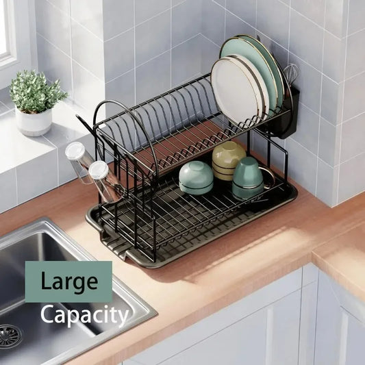 2 tier dish drying rack drain board set tableware drainer Kitchen countertop storage rack cup holder Knife and fork holder