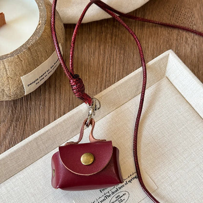 Retro Cute Small Leopard Print Leather Bag Pendant Necklaces for Women Sweater Long Rope Chain Neck Hanging Jewelry Accessory C