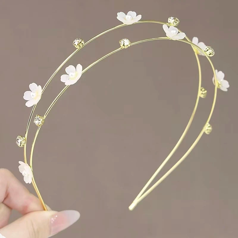 New Double Layer Metal Hairband Flower Pearl Headband for Women Headwear Shiny Rhinestone Hair Band Hoop Hair Accessories