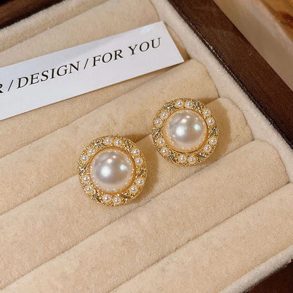 Retro Luxury Gold Color Geometry Trim Edge Imitation Pearl Piercing Stud Earrings for Women Bride Wedding Designer Jewelry Gifts