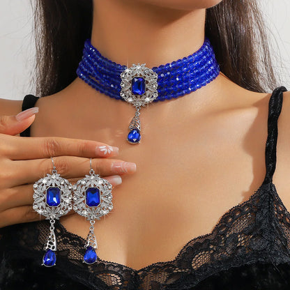 FYUAN Multilayer Green Red Blue Black Crystal Necklace Geometric Hollow Alloy Earrings For Women Weddings Banquet Jewelry Sets