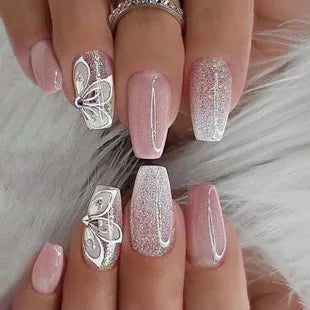 24Pcs Press on Fake Nails Short Medium French Acrylic Full Cover False Nail With Glue Kit Mini File Manicure for Women and Girls