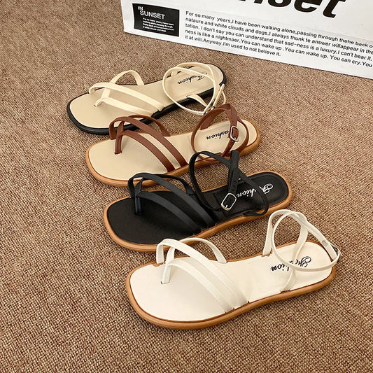 Roman Style Crossbody Slip-On Sandals Women's Summer Outdoor Flat Bottom Toe-Post Sandals Fashionable PVC Material