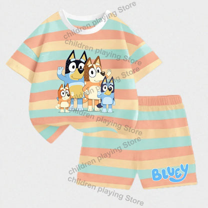 Blueyi Series Child Stripes Sets Summer Girls Boys T-Shirt Shorts Suits Cartoon Bingo Casual Sport Clothes Kids Sleepwear Gifts