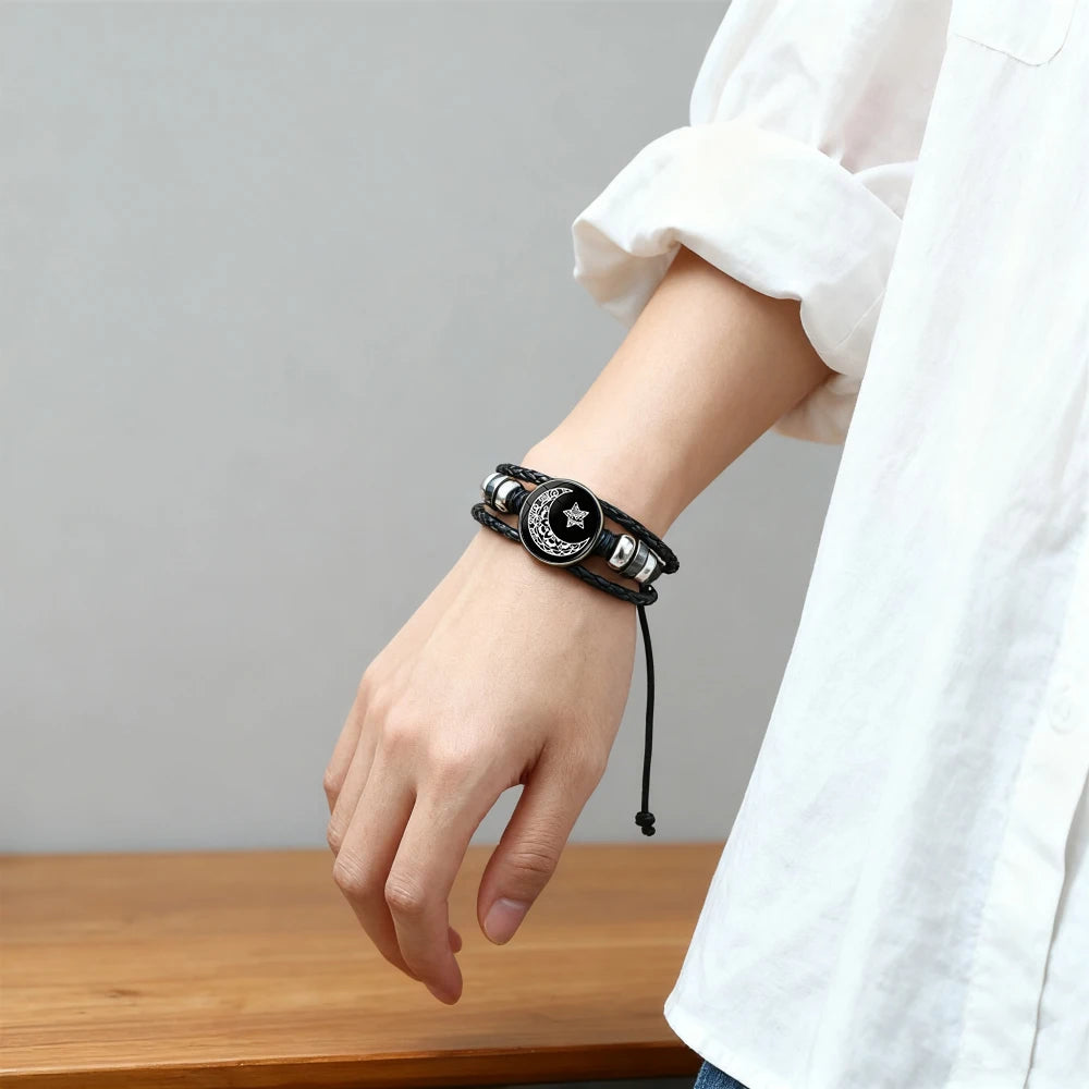 Charm Luminous Sun Moon Lover Leather Bracelet Vintage Punk Multi layer Beaded Weaving Bracelet Couple Gift