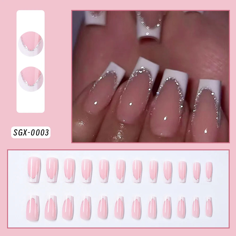 24pcs/box Luxury Pink Long Coffin Fake Nails Y2K Moon Star Rhinestones Press On Nails Handmade Full Cover Reusable False Nails