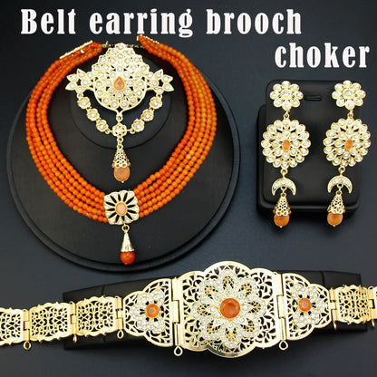 Sunspicems Moroccan Jewelry Sets For Women Gold Color Caftan Waist Chain Belt Orange Bead Choker Necklace Drop Earring Brooch