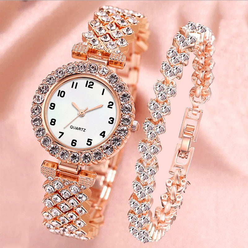 2PCS Luxury Rhinestone Women Watches Fashion Bracelet Strap Ladies Quartz Watch Set Relogio Feminino Reloj Mujer