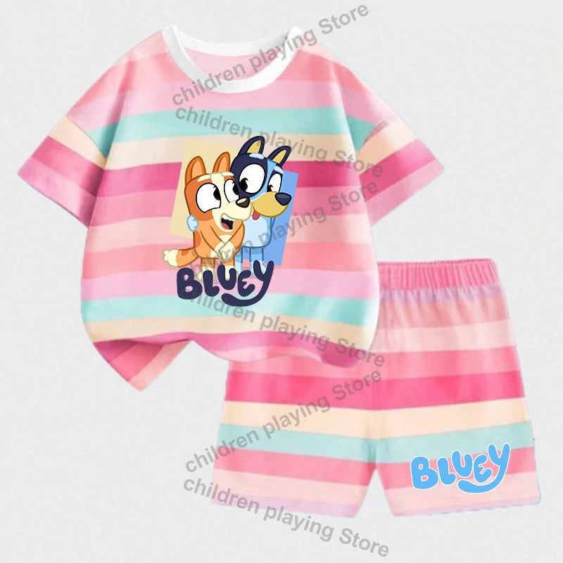 Blueyi Series Child Stripes Sets Summer Girls Boys T-Shirt Shorts Suits Cartoon Bingo Casual Sport Clothes Kids Sleepwear Gifts