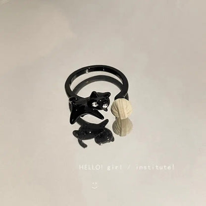Fashion Natural Moonstone Obsidian Rings Minimalist Handmade Cute Black White Cat Bead Ring Women Party Accessories Jewelry Gift