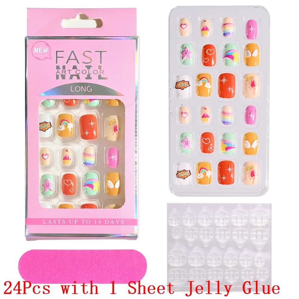12pcs Cute Kids Dress-Up Fake Nail Girls Press on Nails Princess Pretend Play Toy Nail Tips Self-adhesive Children False Nails *