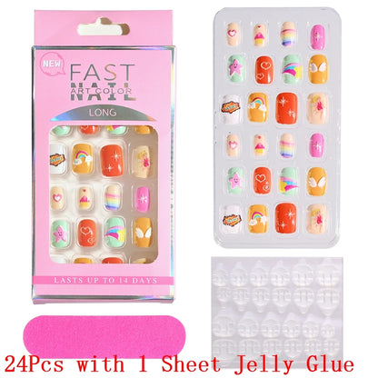12pcs Cute Kids Dress-Up Fake Nail Girls Press on Nails Princess Pretend Play Toy Nail Tips Self-adhesive Children False Nails *