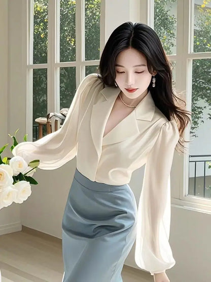New High End Fashion Two Piece Set Women Elegant Satin Lapel Puff Long Sleeve Shirt + High Waist A-line Skirt Office Lady Suit
