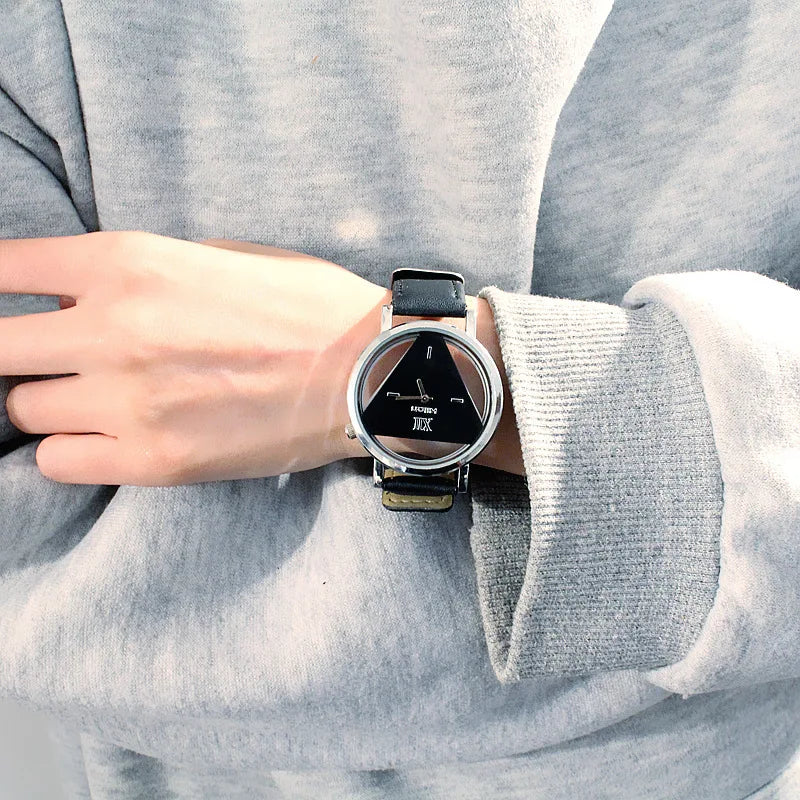 Fashion hollow triangle women quartz watches simple novelty and individualism creative wrist watch black white leather clock