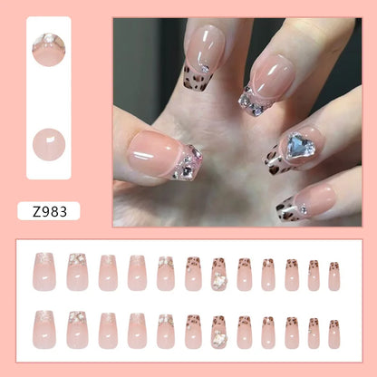 Caramel Flower 24 Pcs Press on Nails Pink Gradient Fake Nails Glossy Artificial Finger Manicure Reusable False Nails for Women