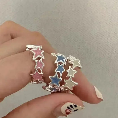 Y2k Irregular Pink Stars Rings Sweet Girls Cute Opening Adjustable Ring Korean Enamel Blue Star Paired Rings Aesthetics Jewelry