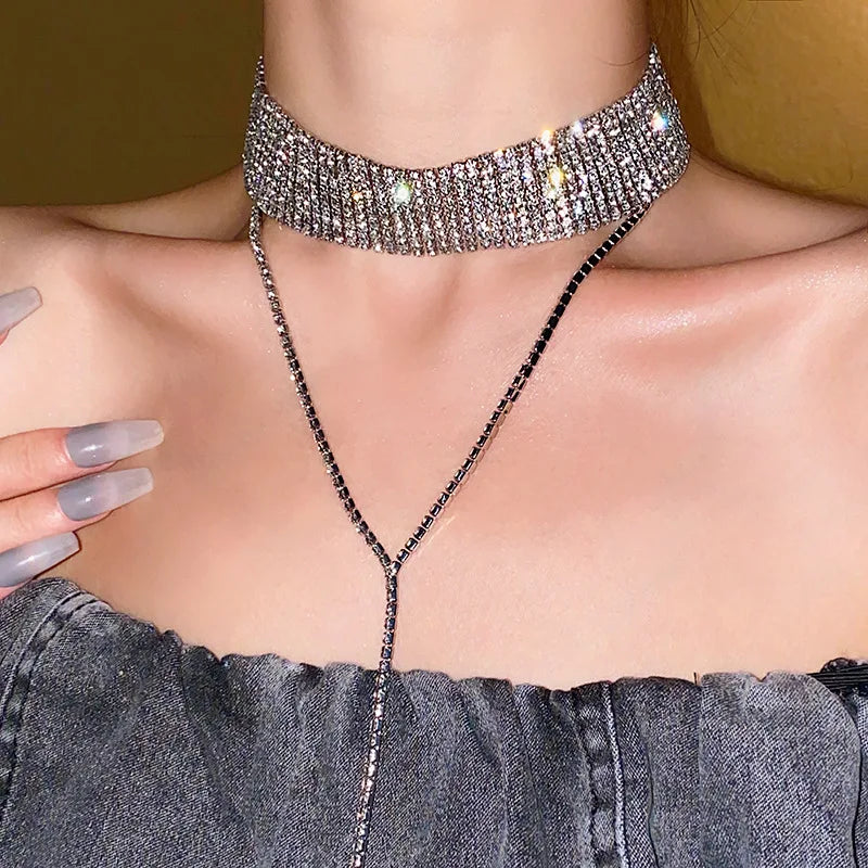 Luxury Colorful Crystal Chokers Necklaces for Women Multilayer Gold Color Chain Rhinestone Necklaces Statements Jewelry