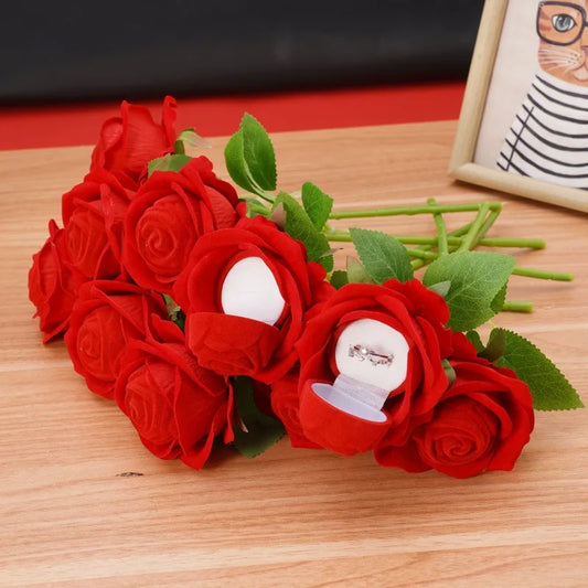 Flocked Artificial Rose Flower Ring Box Red Velvet Jewelry Box Earring Display Holder Wedding Valentine's Day Gift Storage Case