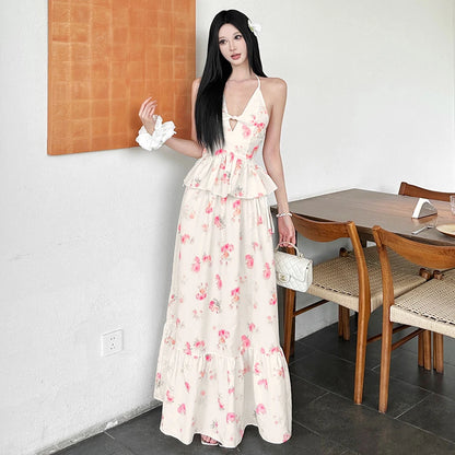 SylCue Flower Print 2 Piece Set Woman Halter Low-Neck Bow Decoration Tank Tops+Ruffles Long Skirts Beach Style Elegant Outfits